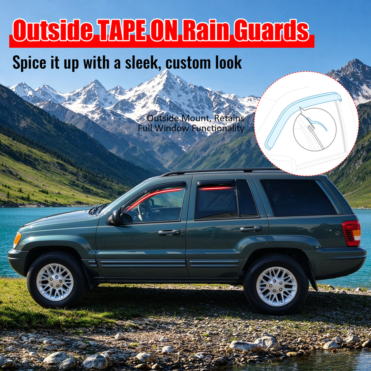 Fits 99-04 Jeep Grand Cherokee 4PC Acrylic Window Visors Rain Guard Vent Tape-On