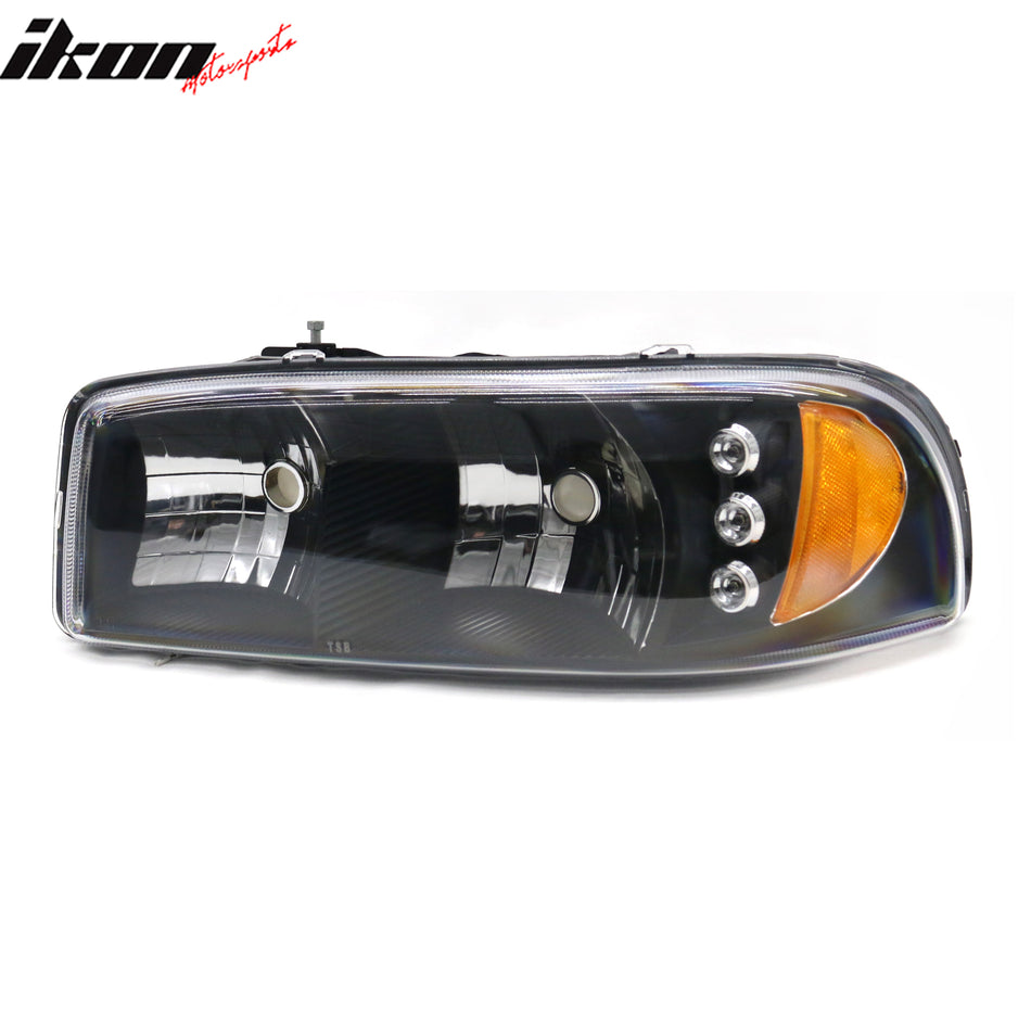 IKON MOTORSPORTS, Headlights Compatible With 1999-2006 GMC Sierra/2000-2006 Yukon & Denali, Driver Passenger Side Front Headlamp Head Lights Set Assembly Black Housing Clear Lens W/Amber Reflector 2PC