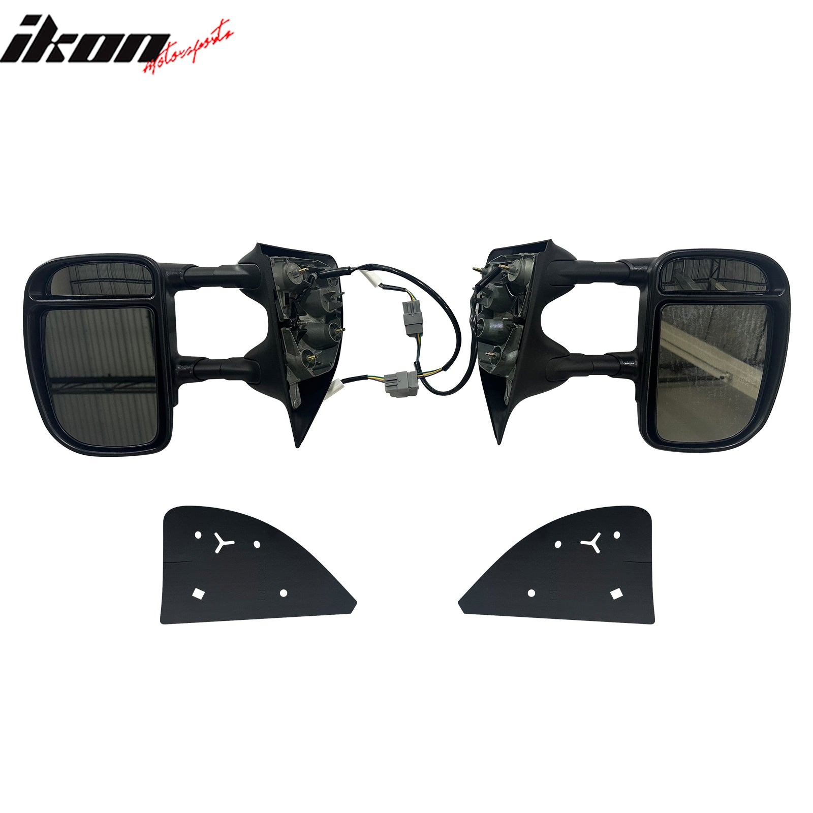IKON MOTORSPORTS, Towing Mirrors Compatible With 1999-2007 Ford F-250/F-350 Super Duty, Black Side View Towing Mirror Power with Dual Swing, Pair