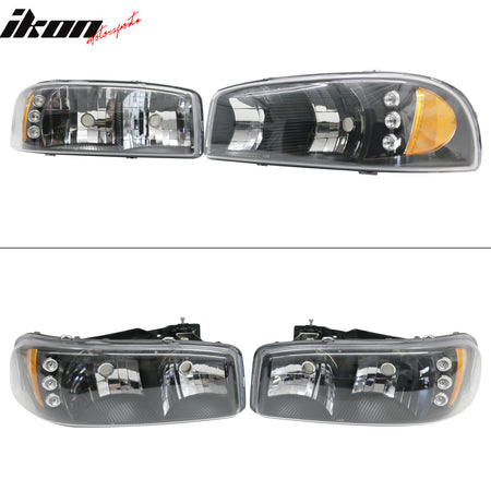 IKON MOTORSPORTS Headlights Assembly, Compatible with 1999-2006 GMC Sierra 2000-2006 GMC Yukon& Yukon XL, Crystal Style Black Housing Clear Lens w/ Amber Reflector Front Bumper Driving Head Lamp, Pair