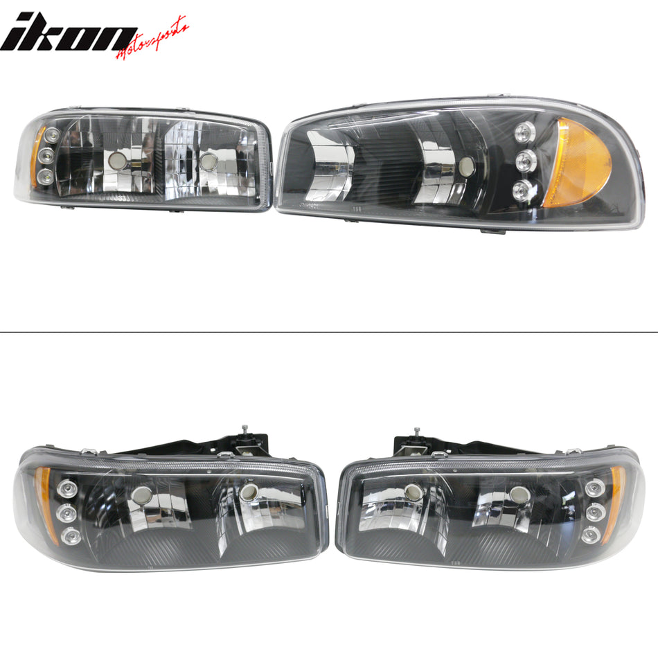 IKON MOTORSPORTS Headlights Assembly, Compatible with 1999-2006 GMC Sierra 2000-2006 GMC Yukon& Yukon XL, Crystal Style Black Housing Clear Lens w/ Amber Reflector Front Bumper Driving Head Lamp, Pair