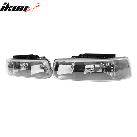 IKON MOTORSPORTS Headlights Assembly, Compatible with 1999-2002 Chevy Silverado 1500 2500, 2001-2002 Silverado 1500HD 2500HD 3500HD, 2000-2006 Tahoe, Black Housing Front Bumper Driving Head Lamp, Pair