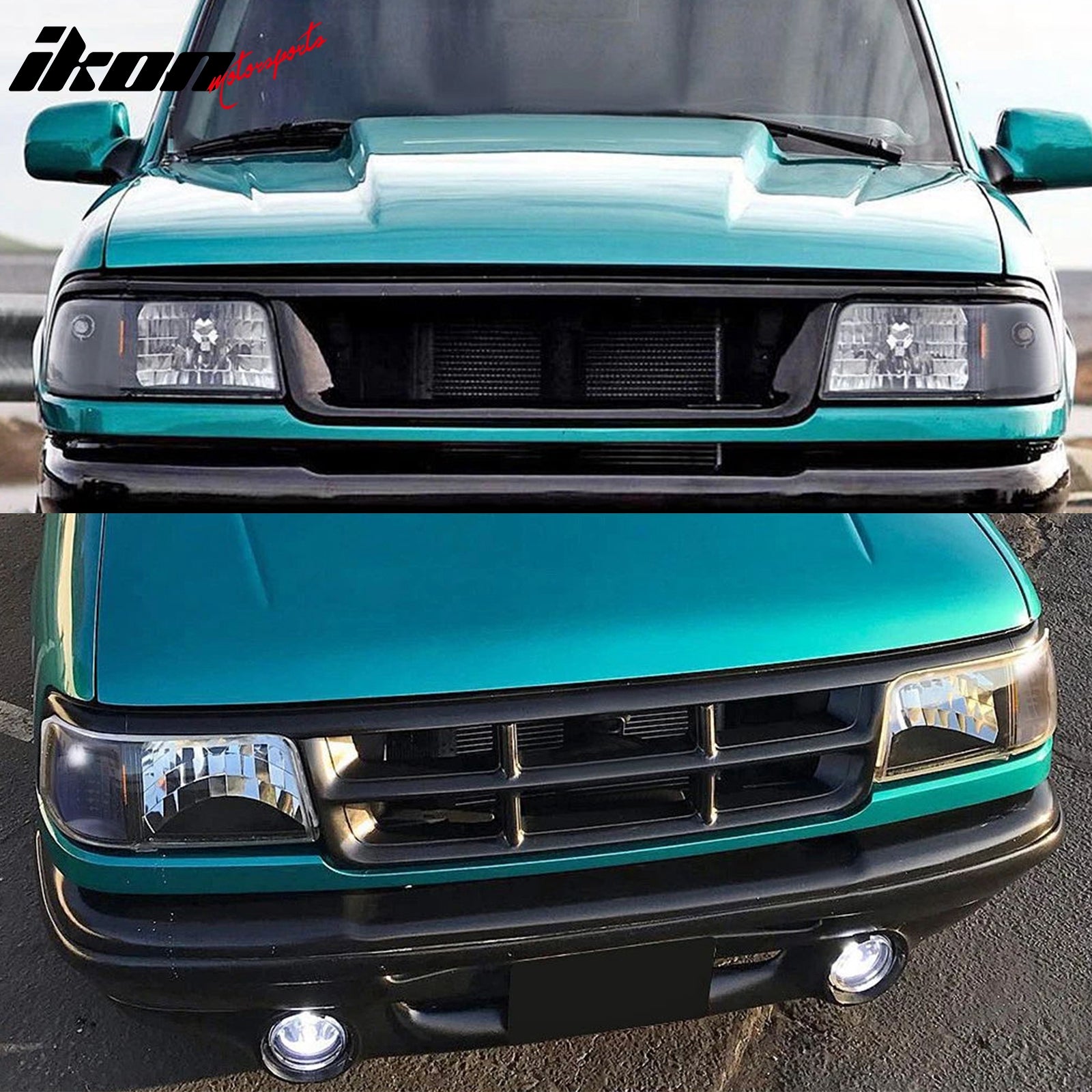 IKON MOTORSPORTS Headlights Assembly, Compatible with 1993-1997 Ford Ranger, Black Housing Clear Lens Amber Reflector Front Bumper Driving Head Lamp, Pair
