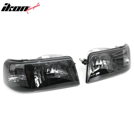 IKON MOTORSPORTS Headlights Assembly, Compatible with 1993-1997 Ford Ranger, Black Housing Smoke Lens Amber Reflector Front Bumper Driving Head Lamp, Pair