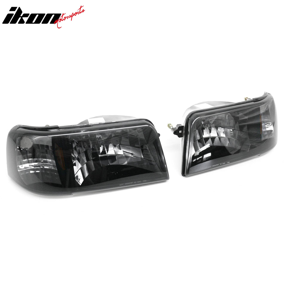 IKON MOTORSPORTS Headlights Assembly, Compatible with 1993-1997 Ford Ranger, Black Housing Smoke Lens Amber Reflector Front Bumper Driving Head Lamp, Pair