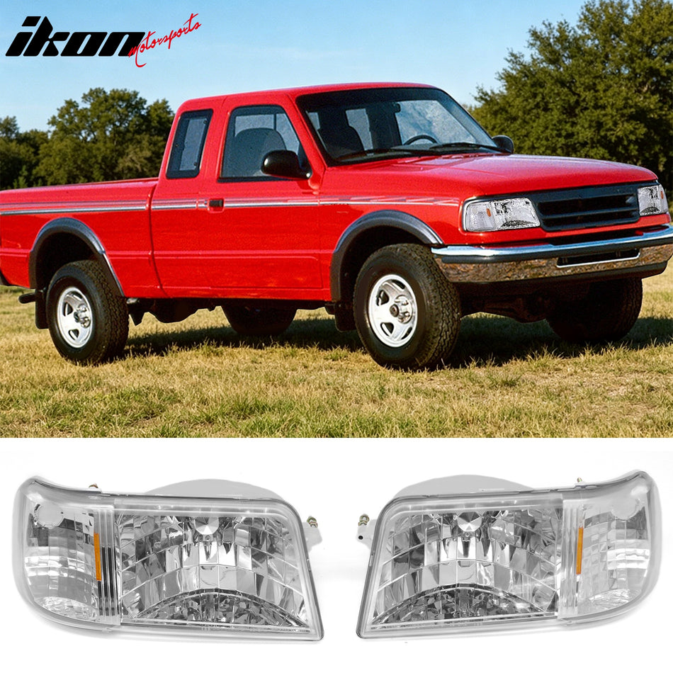 1993-1997 Ford Ranger Driver Passenger Side Front Bumper Driving Headlights Head Lamps Assembly Replacement Chrome Housing Clear Lens Amber Reflector