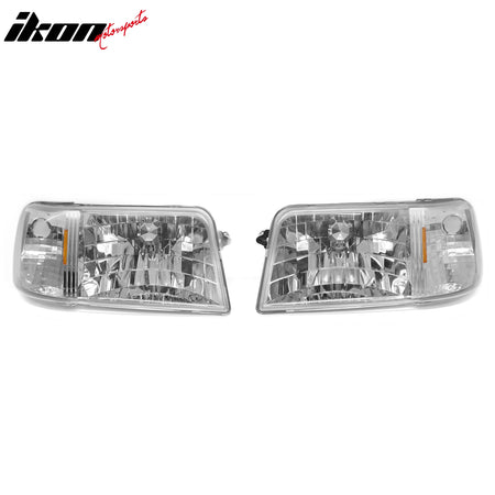 IKON MOTORSPORTS Headlights Assembly, Compatible with 1993-1997 Ford Ranger, Chrome Housing Clear Lens Amber Reflector Front Bumper Driving Head Lamp, Pair
