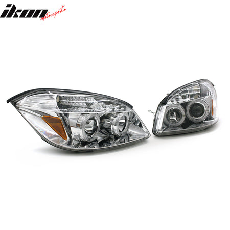 IKON MOTORSPORTS Projector Headlights Assembly, Compatible with 2005-2010 Chevrolet Cobalt, Chromed Panel Clear Projector Clear Side Reflector Front Bumper Driving Head Lamp With Led W/Dual Halo, Pair