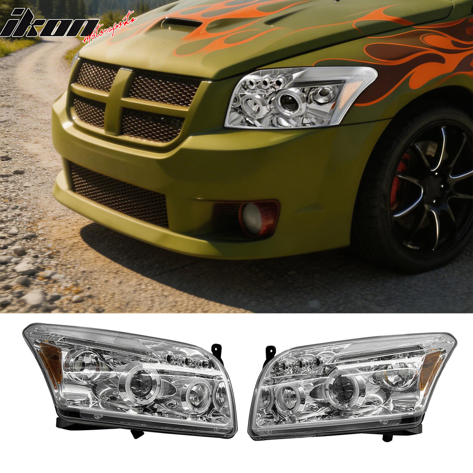 2007-2012 Dodge Caliber 2PCS Front Bumper Head Lights Chrome Housing Bule Projector Amber Reflector 2 Angle Eye w/ LED