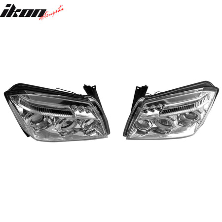 IKON MOTORSPORTS Headlights Assembly, Compatible with 2005-2007 Dodge Magnum, Chrome Housing Blue Projector Front Bumper Driving Head Lamp, Pair
