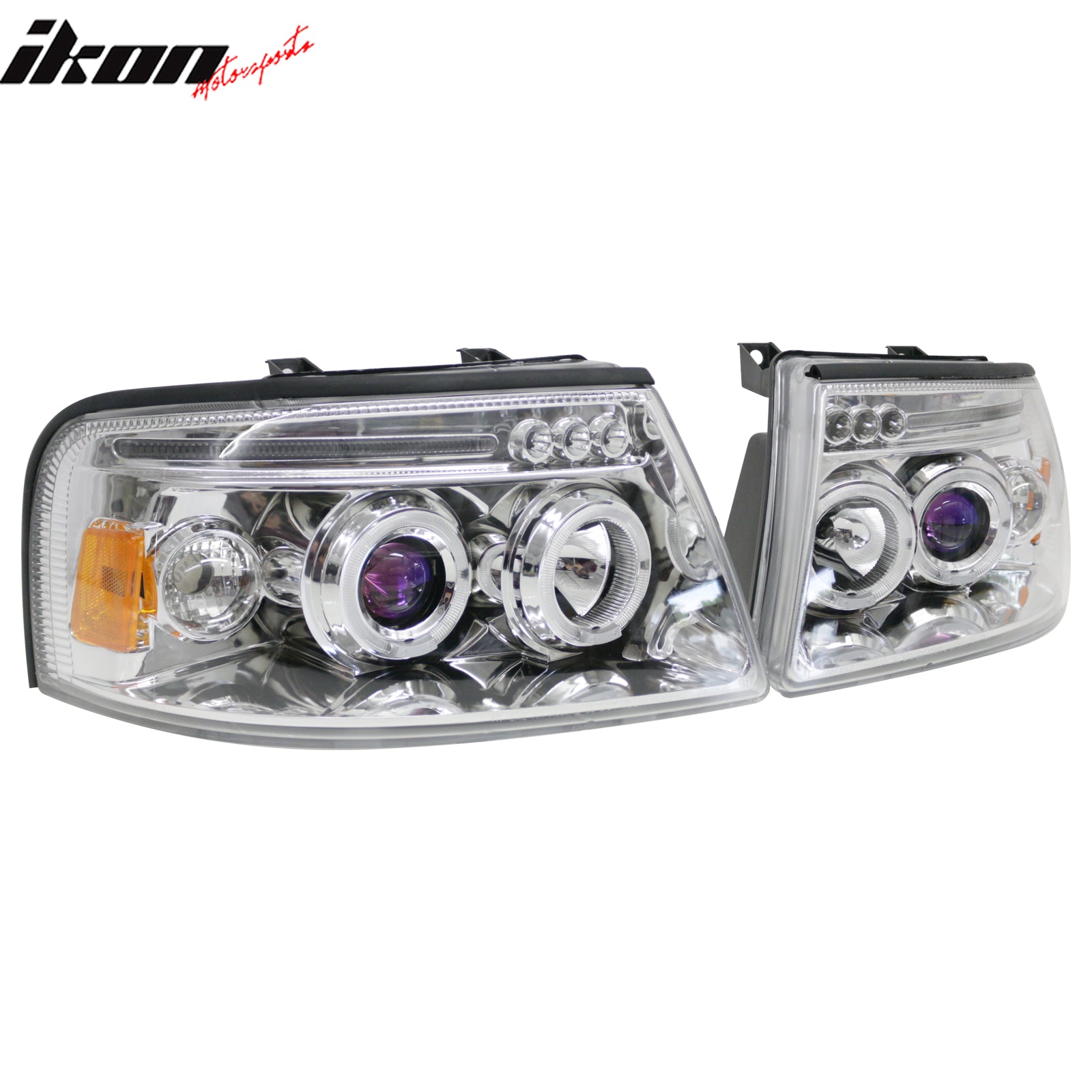 IKON MOTORSPORTS Headlights Assembly, Compatible with 2003-2006 Ford Expedition, Chrome Housing Blue Projector Front Bumper Driving Head Lamp, Pair