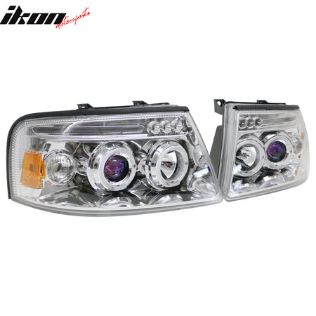 IKON MOTORSPORTS Headlights Assembly, Compatible with 2003-2006 Ford Expedition, Chrome Housing Blue Projector Front Bumper Driving Head Lamp, Pair