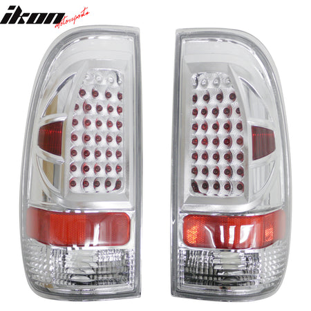 IKON MOTORSPORTS, Tail Lights Compatible with 1997-2003 Ford F-150 with Styleside Bed, Chrome Housing + Clear Lens Rear Parking Tail Lights Reverse Brake Lamps Replacement Pair 2PCS
