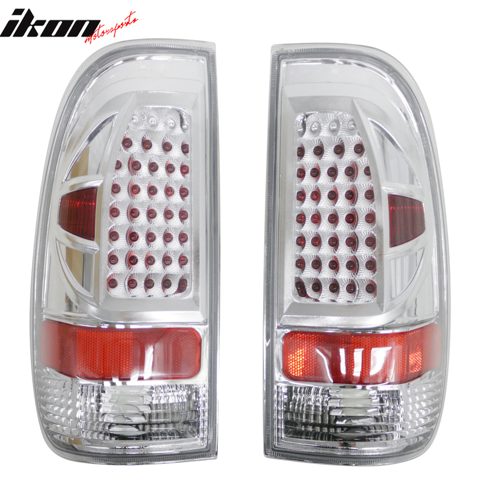 IKON MOTORSPORTS, Tail Lights Compatible with 1997-2003 Ford F-150 with Styleside Bed, Chrome Housing + Clear Lens Rear Parking Tail Lights Reverse Brake Lamps Replacement Pair 2PCS