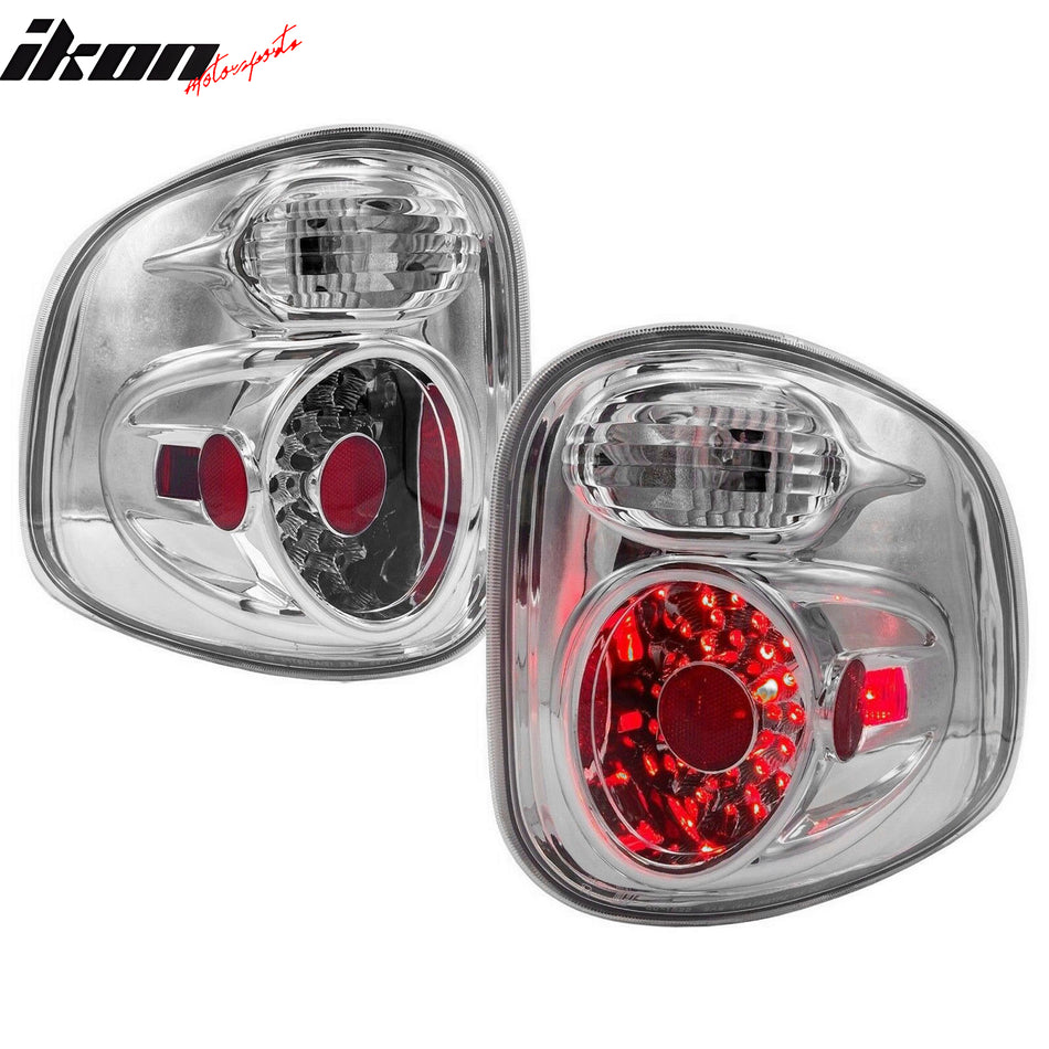 IKON MOTORSPORTS, Tail Lights Compatible with 1997-2003 Ford F-150 with Flareside Bed, Chrome Housing + Clear Lens Rear Parking Tail Lights Reverse Brake Lamps Replacement Pair 2PCS