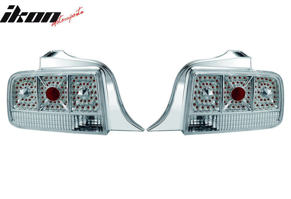 IKON MOTORSPORTS, Tail Lights Compatible with 2005-2009 Ford Mustang, Chrome Housing + Clear Lens Rear Parking Tail Lights Reverse Brake Lamps Replacement Pair 2PCS