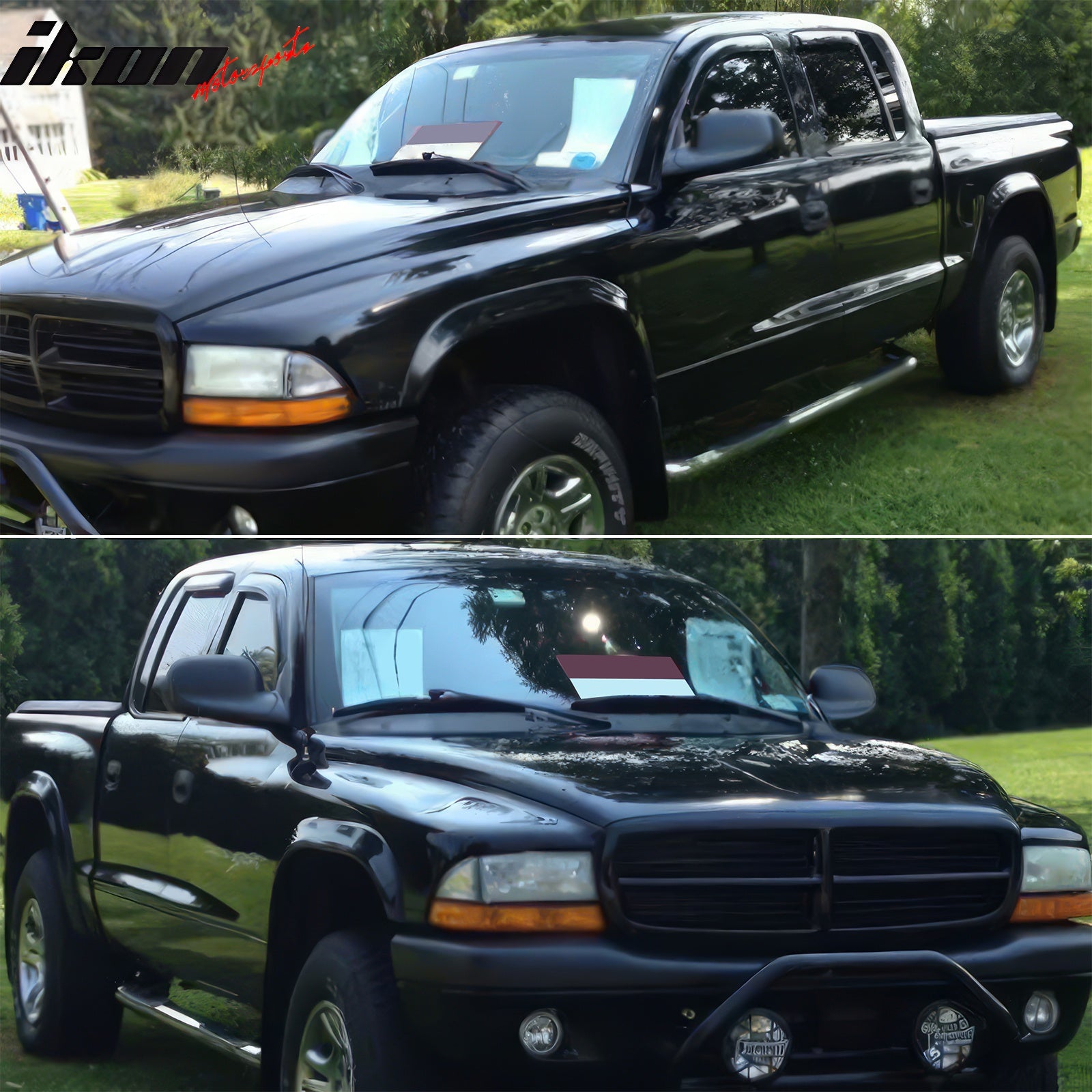 IKON MOTORSPORTS, In Channel Window Visor Compatible With 2000-2004 Dodge Dakota Crew Cab, Slim Style Acrylic Smoke Tinted Rain Guards Shade Side Window Wind Deflector