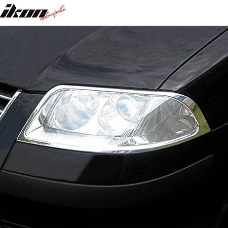 IKON MOTORSPORTS, Head Light Bezel Compatible with 2001-2005 Volkswagen Passat, Chrome ABS Front Head Lights Lamps Exterior Cover Frames Accessories Pair
