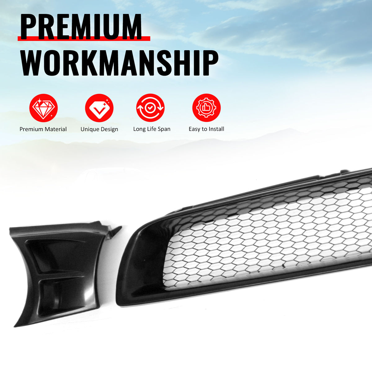 Fits 02-03 Subaru Impreza WRX STI Grille Mesh Hood Upper Grill Black Assembly