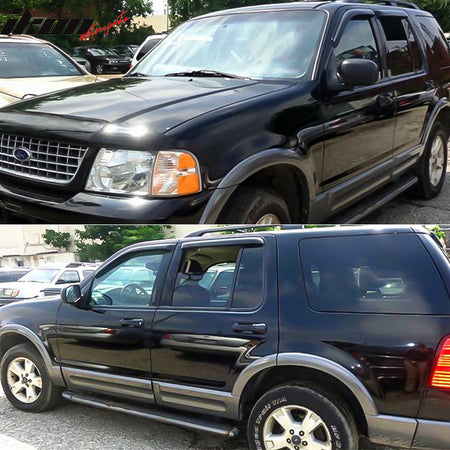 IKON MOTORSPORTS Tape On External Window Visor, Compatible with 02-10 Ford Explorer & Mercury Mountaineer, 03-05 Lincoln Aviator, Acrylic Smoke Tinted Sun Rain Shade Guard Wind Vent Air Deflector