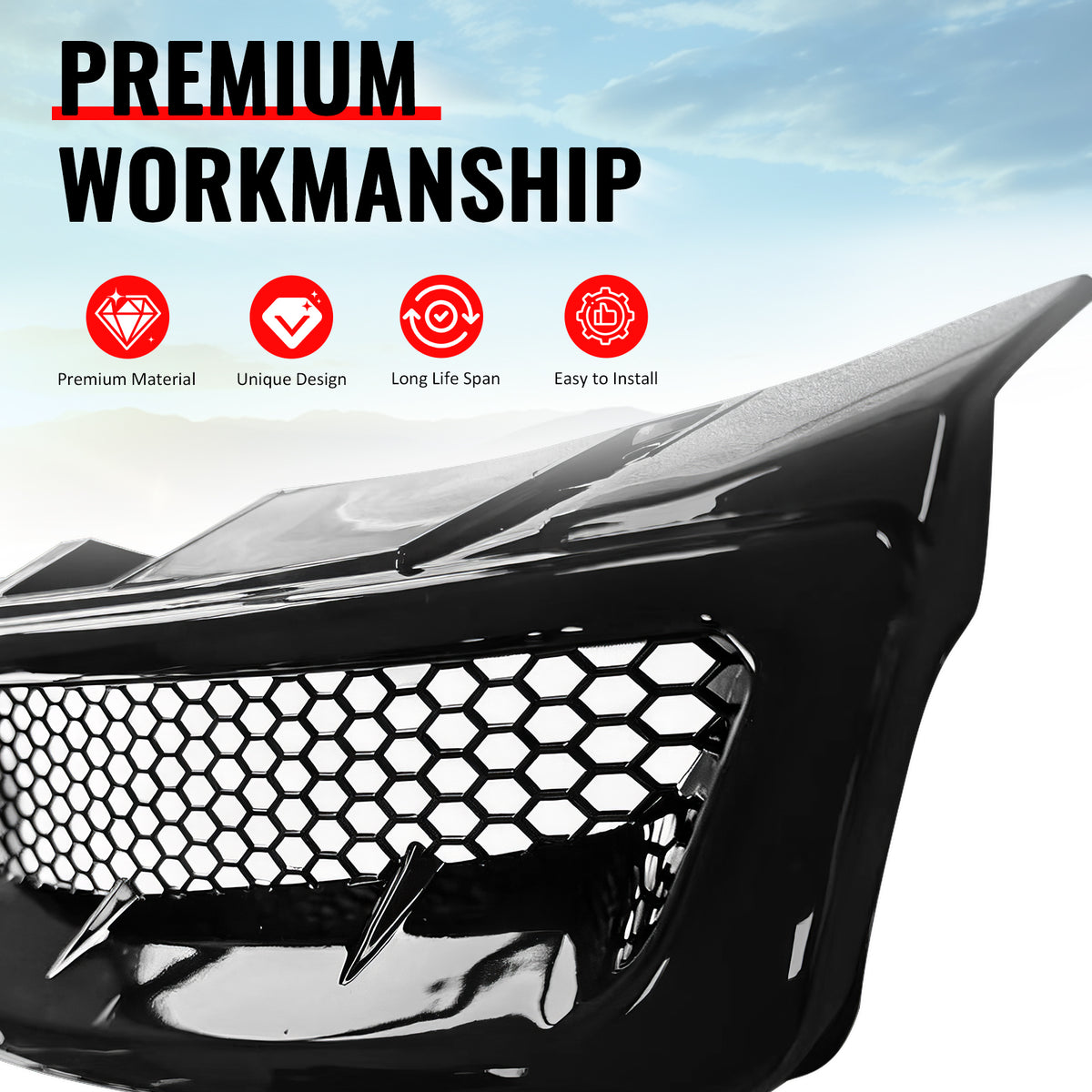 For 03-07 Infiniti G35 Coupe JDM Style Front Bumper Upper Grille Gloss Black ABS