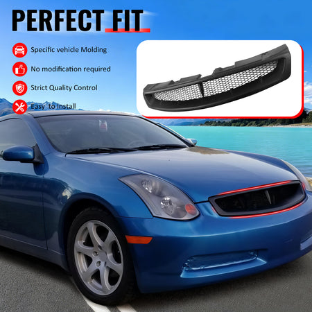 IKON MOTORSPORTS Front Upper Grille, Compatible with 2003-2007 Infiniti G35 Coupe 2-Door, JDM Style Matte Black ABS Replacement Front Bumper Hood Grill