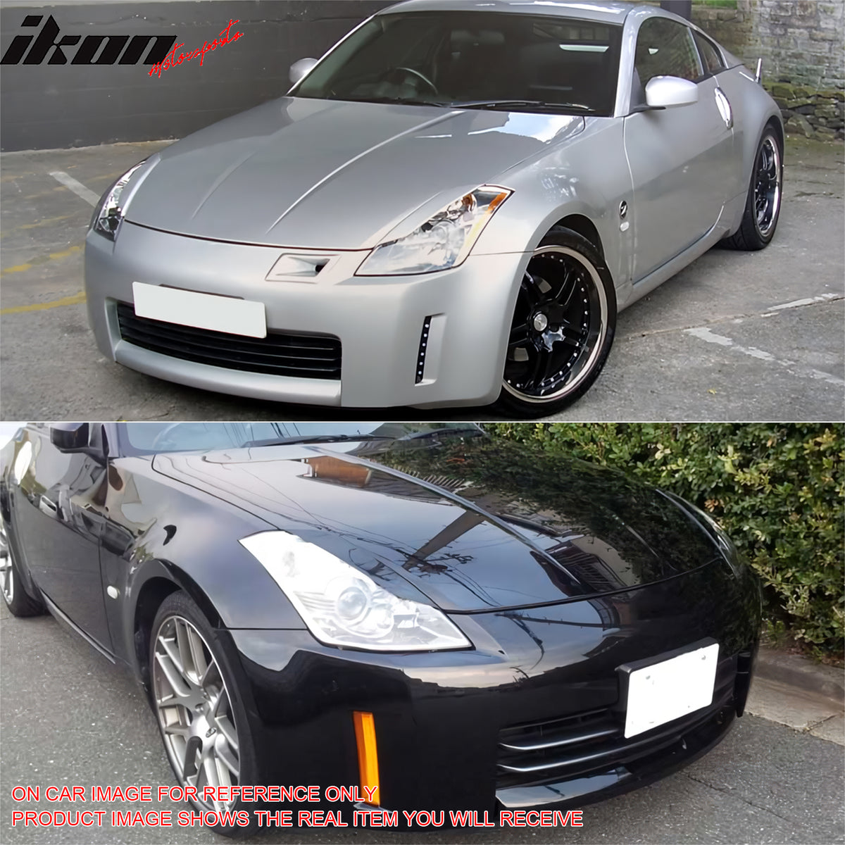 IKON MOTORSPORTS Headlight Eyebrows, Compatible with 2003-2009 Nissan 350Z, Painted #KH3 Black Obsidian/Super Black ABS Plastic Front Lamp Eye Lid Cover Trim 2PCS