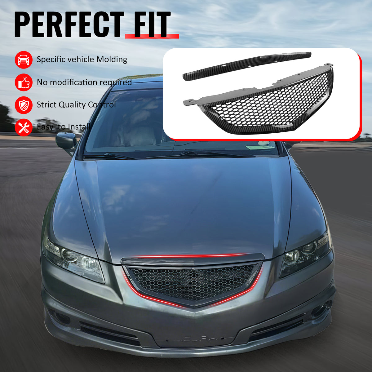 IKON MOTORSPORTS Front Upper Grille w/ Frame, Compatible with 2004-2006 Acura TL, Honeycomb Style Carbon Fiber Print ABS Replacement Front Bumper Hood Grill