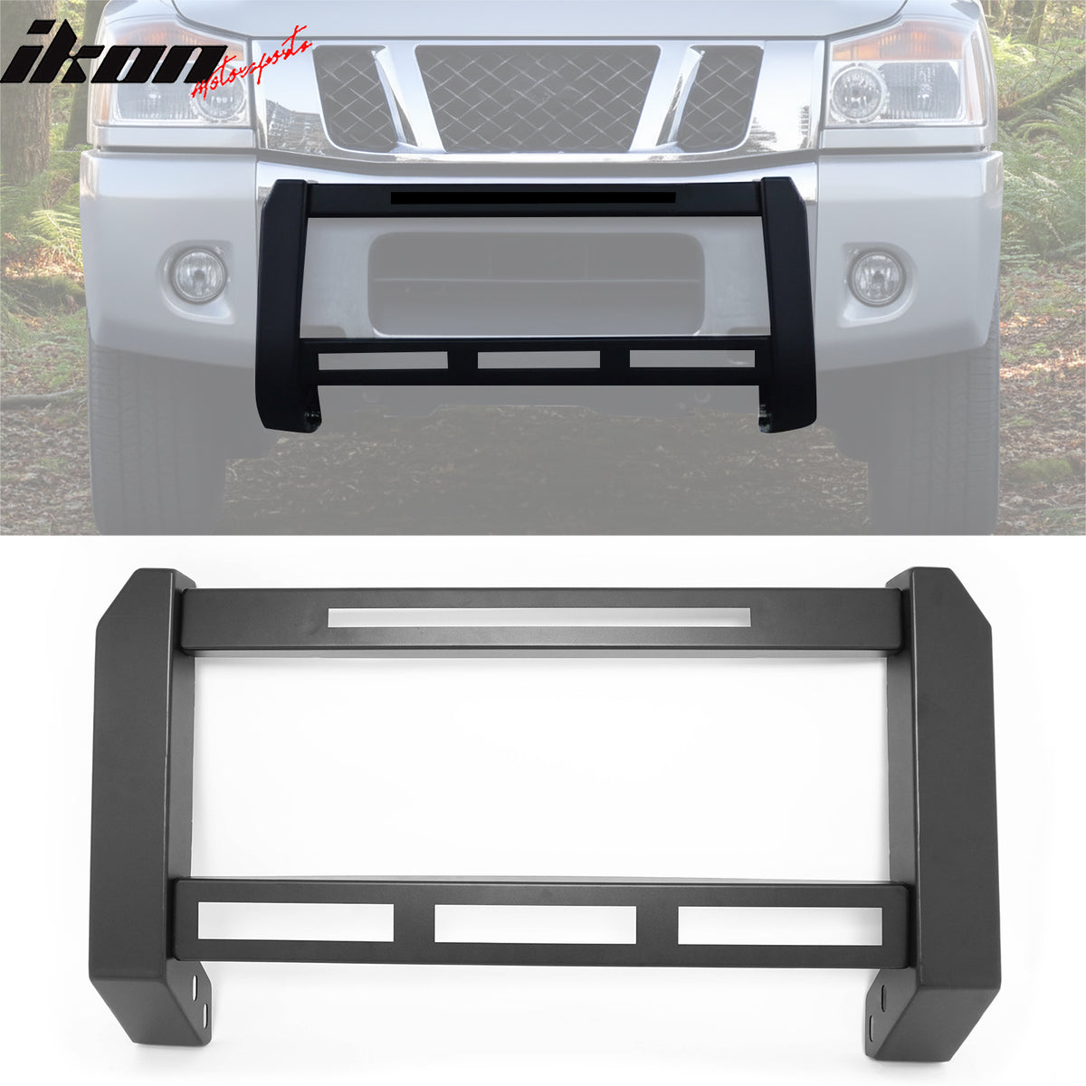 IKON MOTORSPORTS Bull Bar, Compatible with 2004-2015 Nissan TITAN 2005-2015 Armada, Steel Aluminum Front Bumper Brush Push Grille Guard W/ License Plate Mounting Bracket