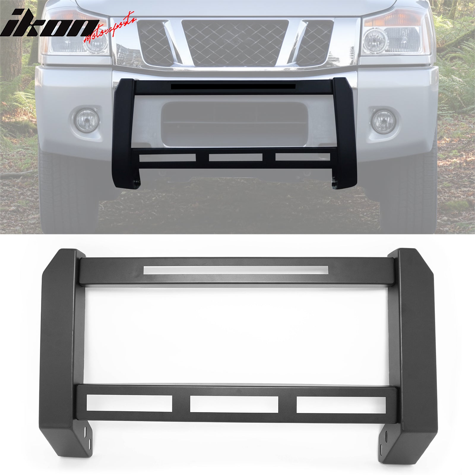 IKON MOTORSPORTS Bull Bar, Compatible with 2004-2015 Nissan TITAN 2005-2015 Armada, Steel Aluminum Front Bumper Brush Push Grille Guard W/ License Plate Mounting Bracket
