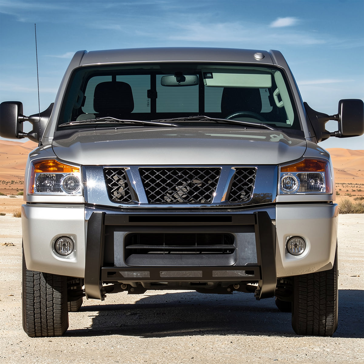 IKON MOTORSPORTS Bull Bar, Compatible with 2004-2015 Nissan TITAN 2005-2015 Armada, Steel Aluminum Front Bumper Brush Push Grille Guard W/ License Plate Mounting Bracket