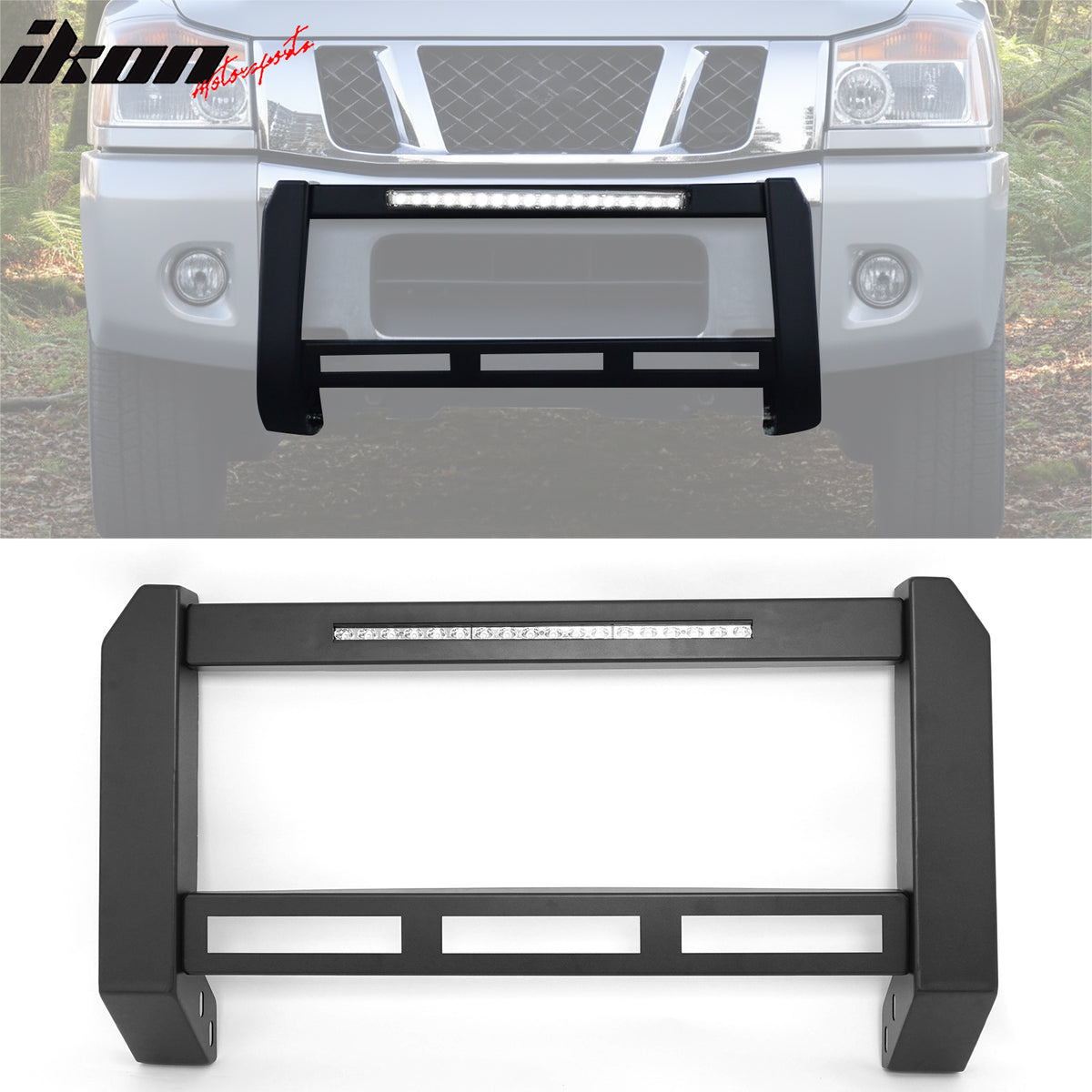 IKON MOTORSPORTS Bull Bar, Compatible with 2004-2015 Nissan TITAN 2005-2015 Armada, Steel Aluminum Front Bumper Brush Push Grille Guard W/ License Plate Mounting Bracket