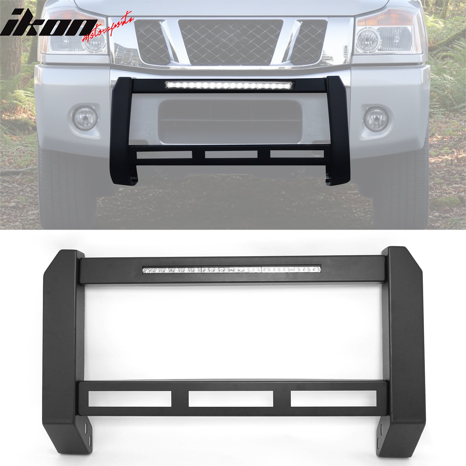 IKON MOTORSPORTS Bull Bar, Compatible with 2004-2015 Nissan TITAN 2005-2015 Armada, Steel Aluminum Front Bumper Brush Push Grille Guard W/ License Plate Mounting Bracket
