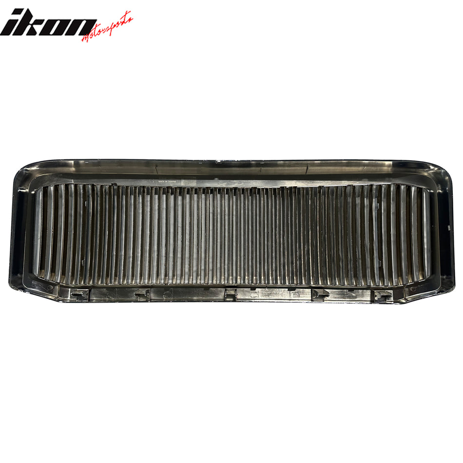 IKON MOTORSPORTS Front Bumper Upper Grille, Compatible with 2005-2007 Ford F-250/F-350 Super Duty, Vertical Fence Style Chrome ABS Plastic Replacement Front Bumper Grill Assembly