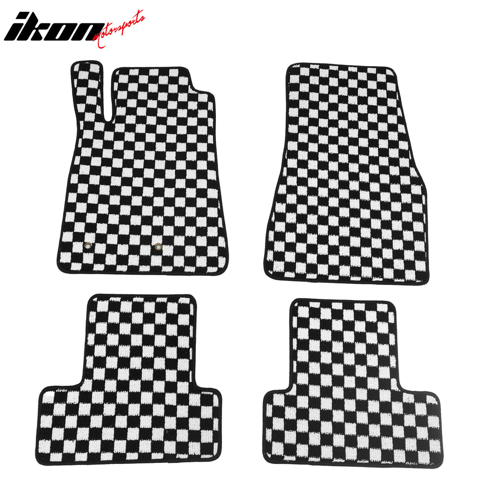 Front Rear Full Set Waterproof Floor Mats for Ford Mustang 2005-2009 Black White Plaid Checkered Carpets PP & Loop Pile Surface & TPE Backing 4PCS