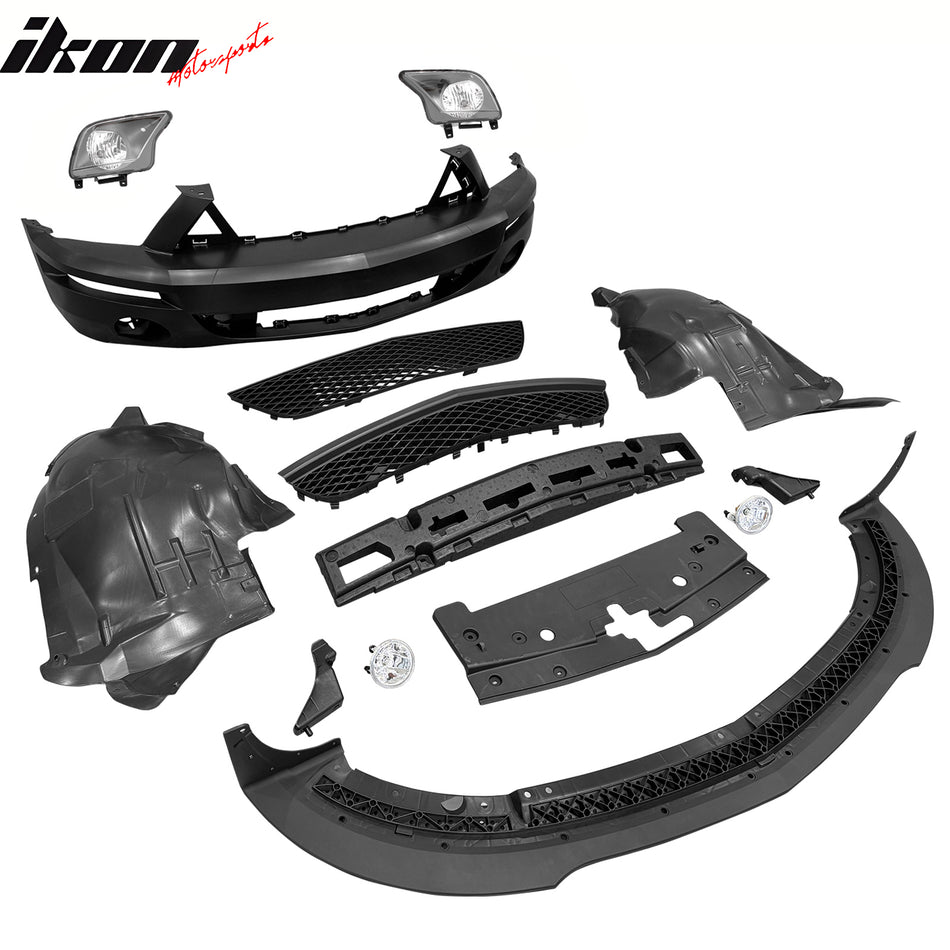 IKON MOTORSPORTS, Front Bumper Conversion Cover Compatible With 2005-2009 Ford Mustang V6 Base & GT & GT500 & GT500KR, Unpainted Shelby GT500 Style PP Front Valance Lip + Grille + Headlight Lamp