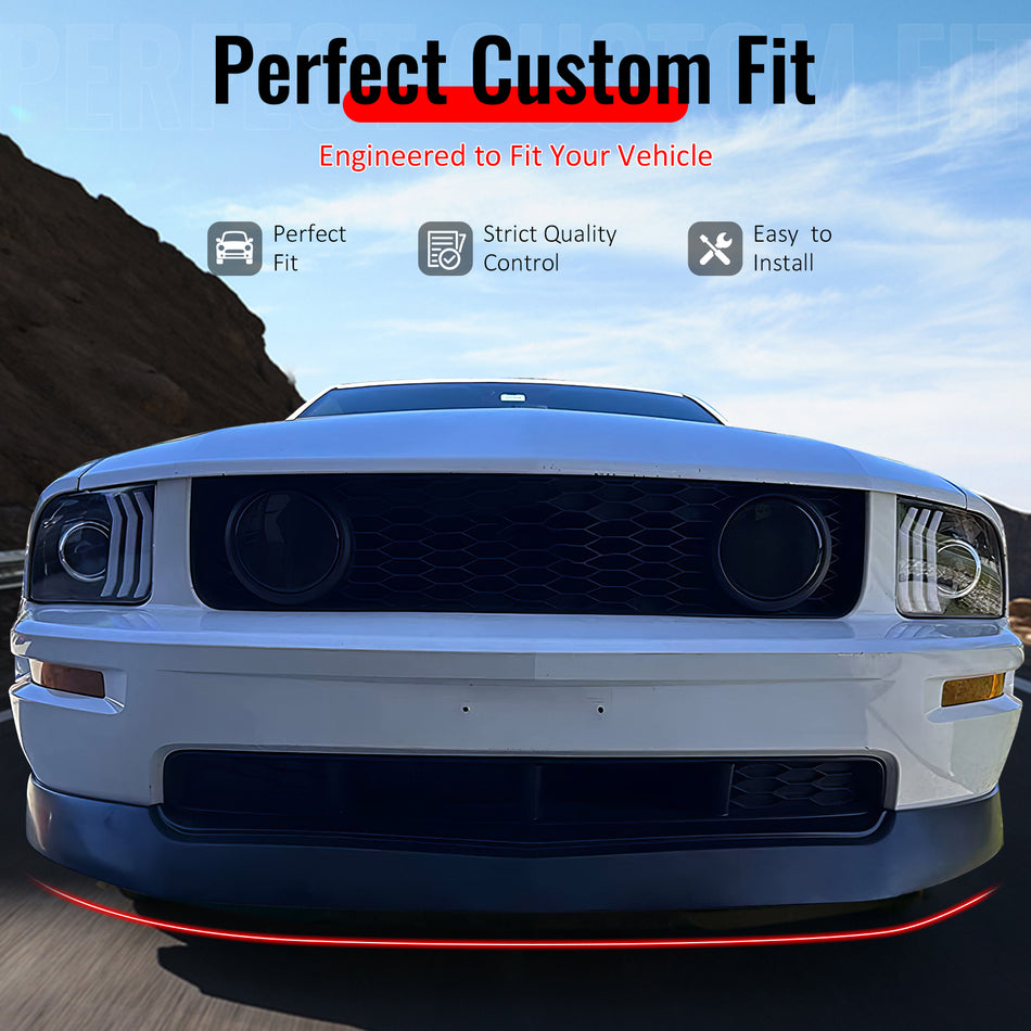 IKON MOTORSPORTS Front Bumper Lip, Compatible with 2005-2009 Ford Mustang Bullitt/GT (4.6L V8), V2 Style Matte Black PP Polypropylene Air Dam Chin Spoiler Protector Splitter 1PC