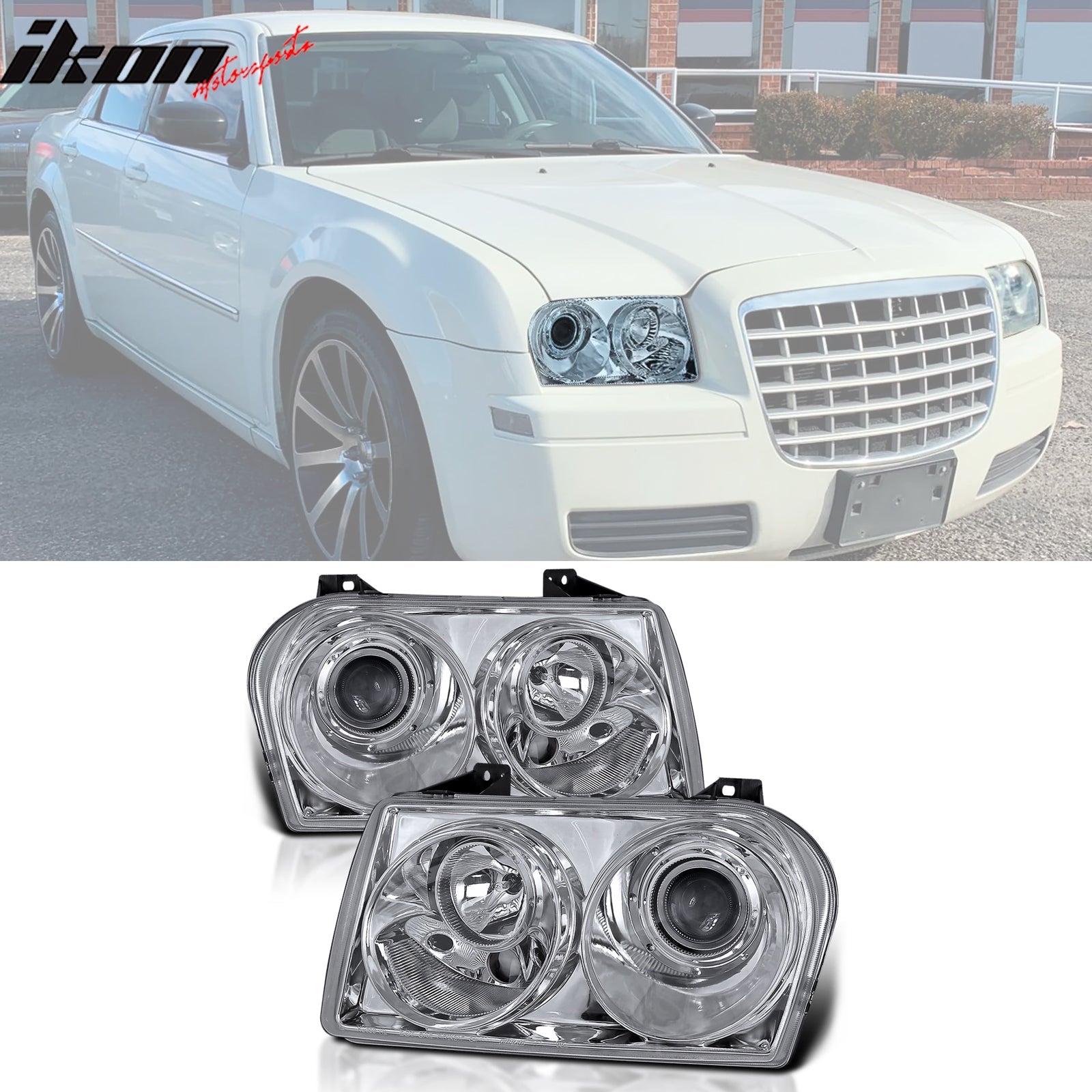 2005 - 2010 Chrysler 300 Clear Chrome Front Projector Head Lights PairIkon Motorsports