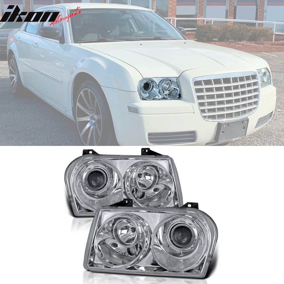 2005 - 2010 Chrysler 300 Clear Chrome Front Projector Head Lights PairIkon Motorsports