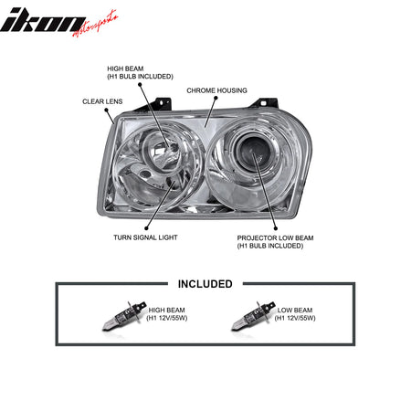 2005 - 2010 Chrysler 300 Clear Chrome Front Projector Head Lights PairIkon Motorsports