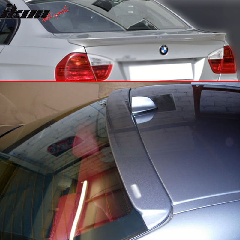 Trunk & Roof Spoiler Compatible with 2006-2011 BMW 3 Series E90 4Dr Sedan, AC Style Unpainted Black ABS Lip Diffuser by IKON MOTORSPORTS, 2007 2008 2009 2010