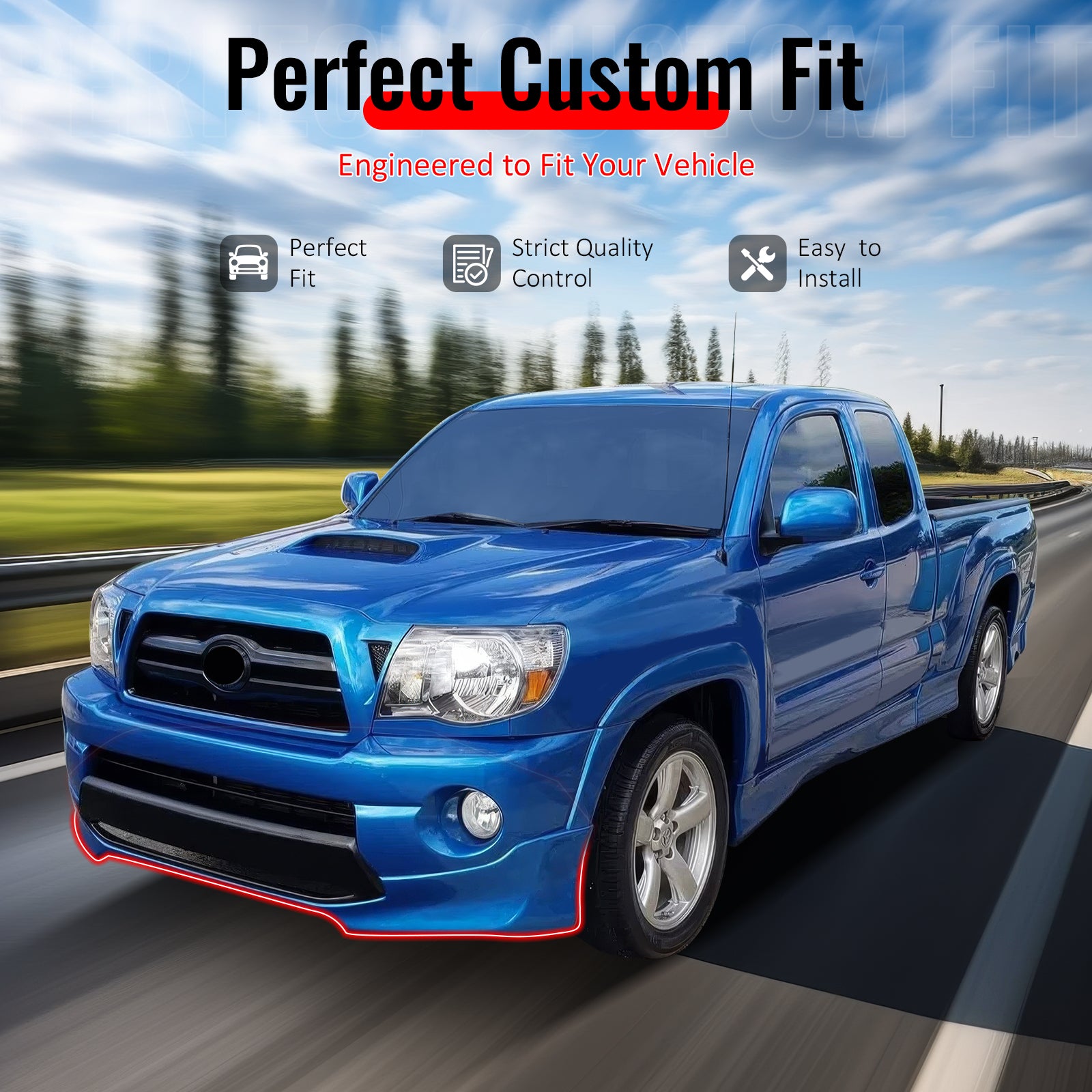 IKON MOTORSPORTS Front Bumper Lip, Compatible with 2005-2011 Toyota Tacoma, IKON Style Unpainted Black PU Polyurethane Air Dam Chin Spoiler Protector Splitter 2PCS