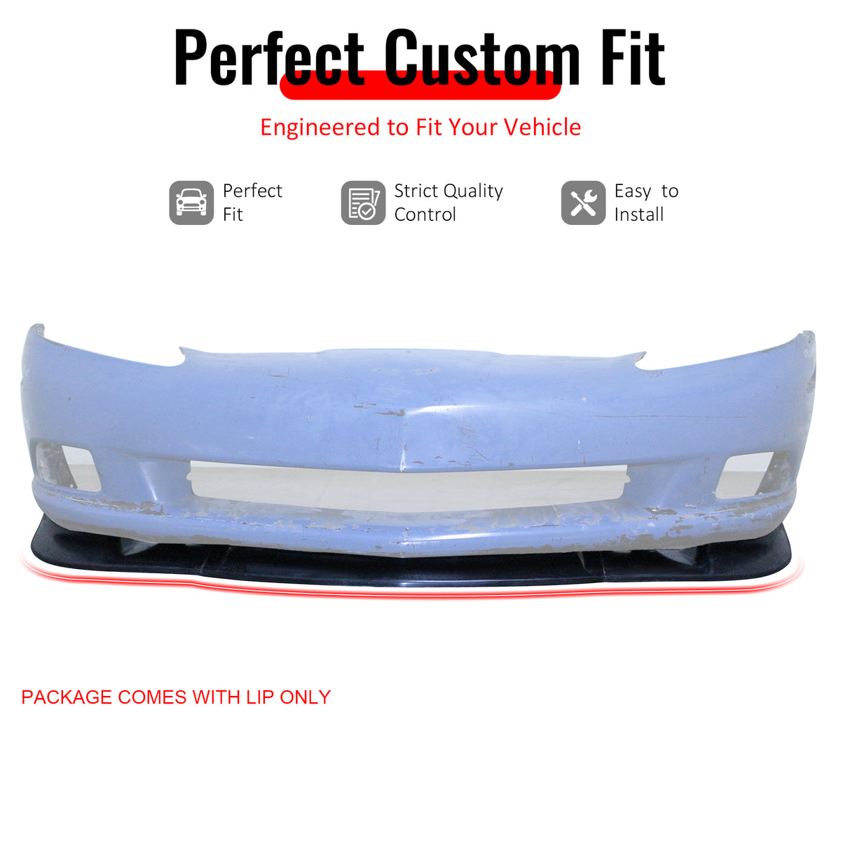 IKON MOTORSPORTS Front Bumper Lip, Compatible with 2005-2013 Chevrolet Corvette C6 Base, ZR1 Style Unpainted Black PU Polyurethane Air Dam Chin Spoiler Protector Splitter 3PCS