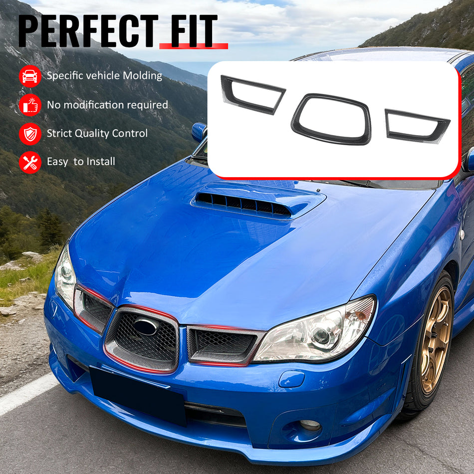 IKON MOTORSPORTS, Front Grille Trims Compatible With 2006-2007 Subaru Impreza WRX Sedan 4-Door 4DR, OE Style Carbon Fiber Print ABS Plastic Front Bumper Bonnet Grille Trim 3PCS
