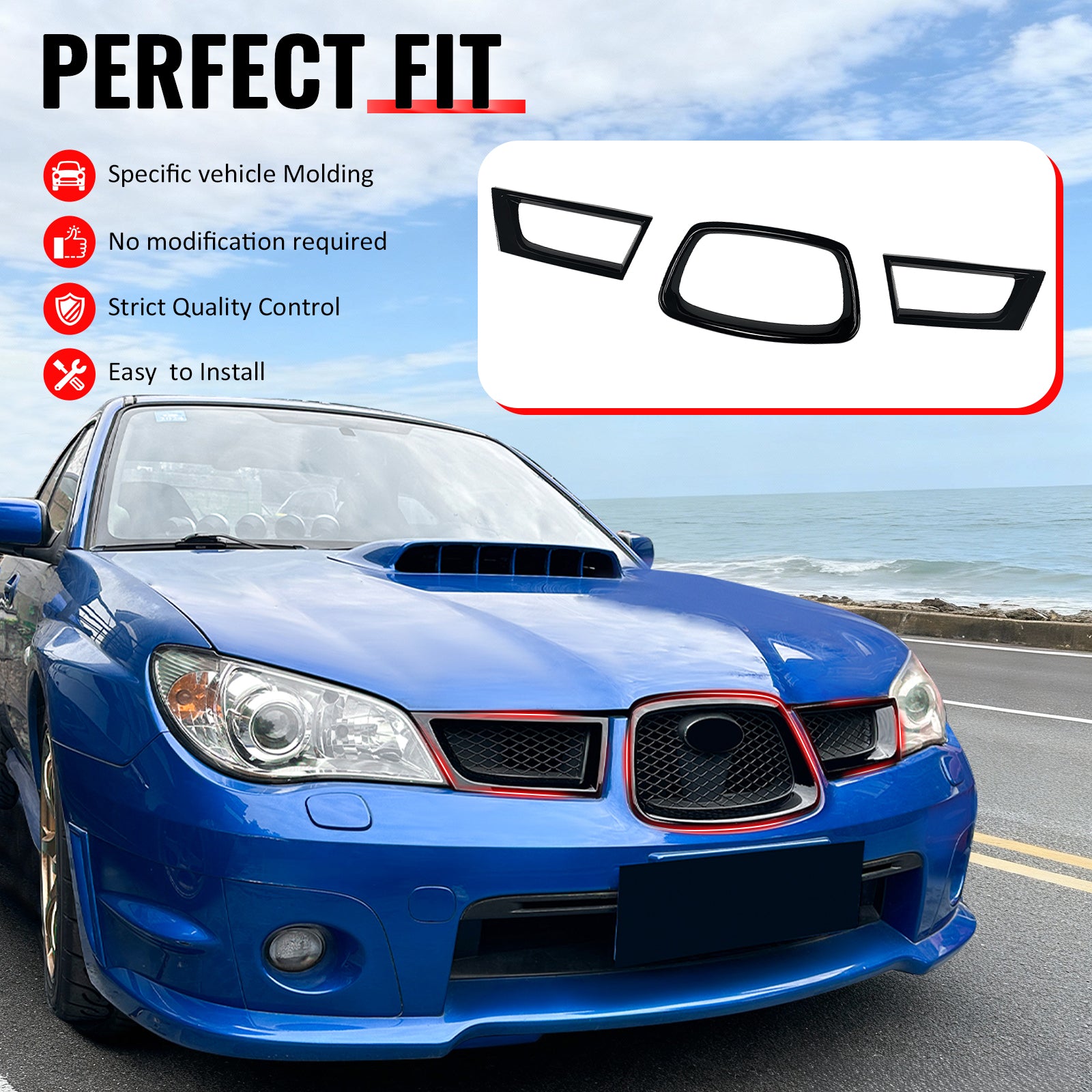 IKON MOTORSPORTS, Front Grille Trims Compatible With 2006-2007 Subaru Impreza WRX Sedan 4-Door 4DR, OE Style Gloss Black ABS Plastic Front Bumper Bonnet Grille Trim 3PCS