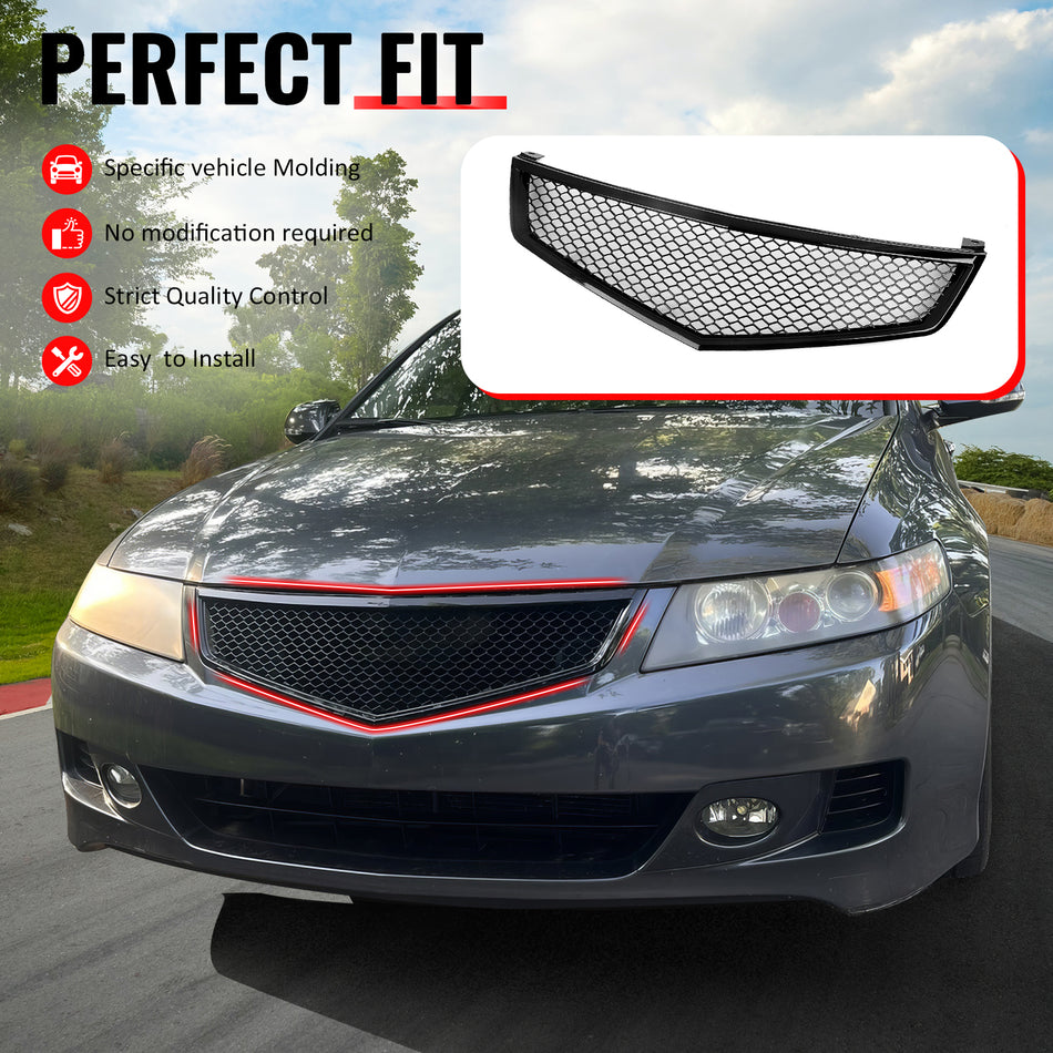 IKON MOTORSPORTS Front Upper Grille, Compatible with 2006-2008 Acura TSX, Honeycomb Style Gloss Black ABS Replacement Front Bumper Hood Grill