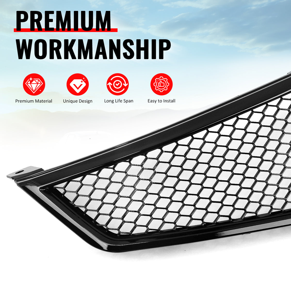 Fits 06-08 Acura TSX Honeycomb Style Front Bumper Upper Grille Gloss Black ABS