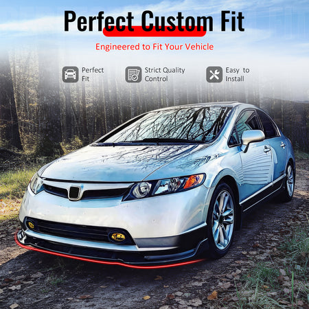 IKON MOTORSPORTS Front Bumper Lip, Compatible with 2006-2008 Honda Civic Sedan, Gloss Black PP GT Style Air Dam Chin Spoiler Protector Splitter 3PCS