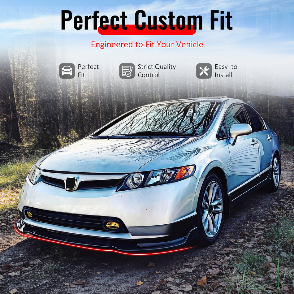 IKON MOTORSPORTS Front Bumper Lip, Compatible with 2006-2008 Honda Civic Sedan, Gloss Black PP GT Style Air Dam Chin Spoiler Protector Splitter 3PCS