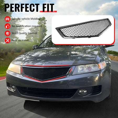 IKON MOTORSPORTS Front Upper Grille, Compatible with 2006-2008 Acura TSX, Honeycomb Style Carbon Fiber Print ABS Replacement Front Bumper Hood Grill